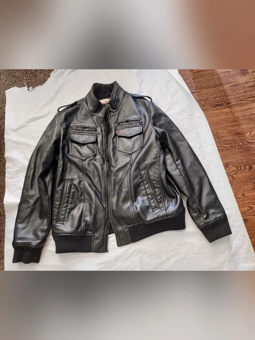 Men's Black Faux Leather Bomber Jacket with Zip Front
